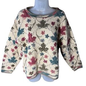 Norm Thompson Hand Knit Sweater Boho Cottagecore Autumnscape Leaves Medium